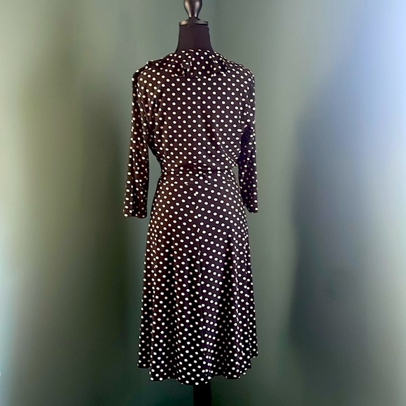 Chaps Black mock wrap Dress with White Dots - Picture 3 of 6